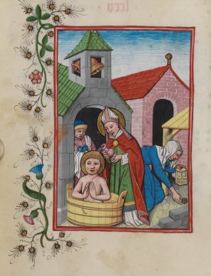 성 아우구스티노에게 세례를 주는 성 암브로시오_by Anonymous_from the Waldburg prayer book in 1486_in collections of Wurttemberg State Library in Germany.jpg